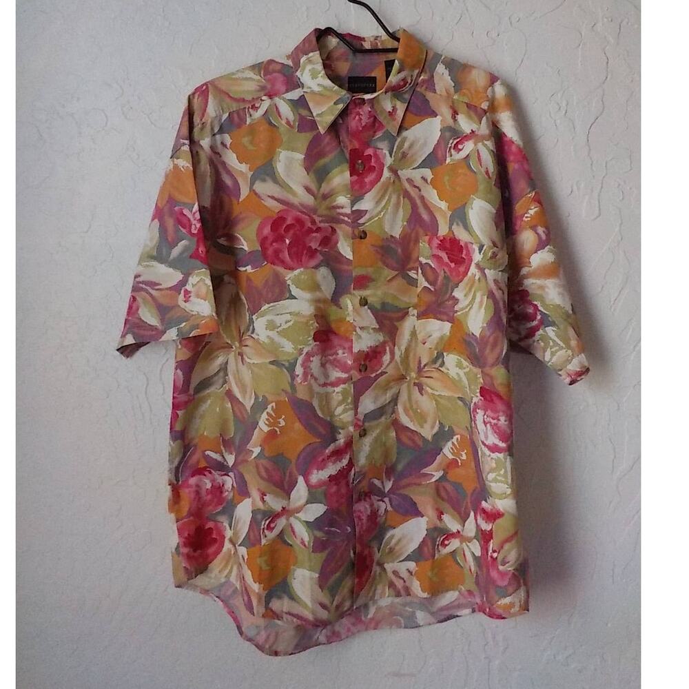 VTG Structure Floral Shirt Men Large 100% Cotton Button Up Short Sleeve Resort